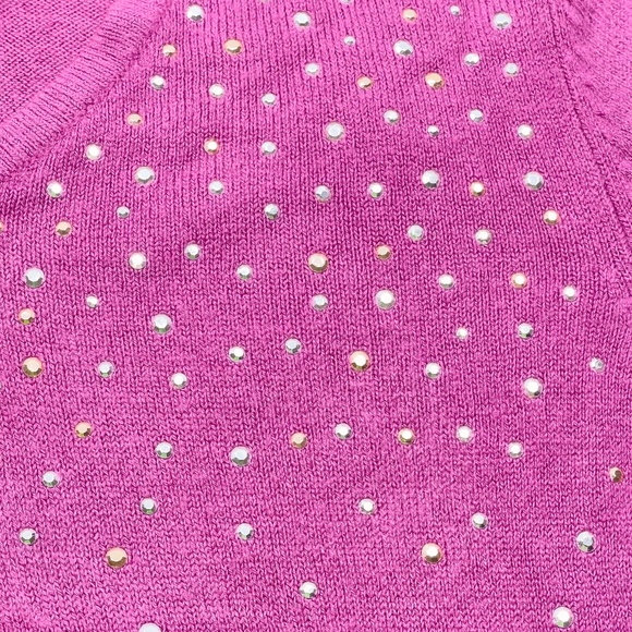 Pink V Neck Rhinestone Trim Sweater with attached Scarf - Picture 4 of 8